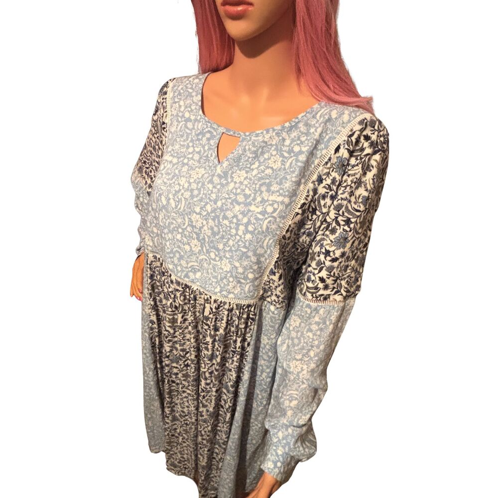 Long Sleeve Floral Patchwork Tunic Dress Boho Mini XL